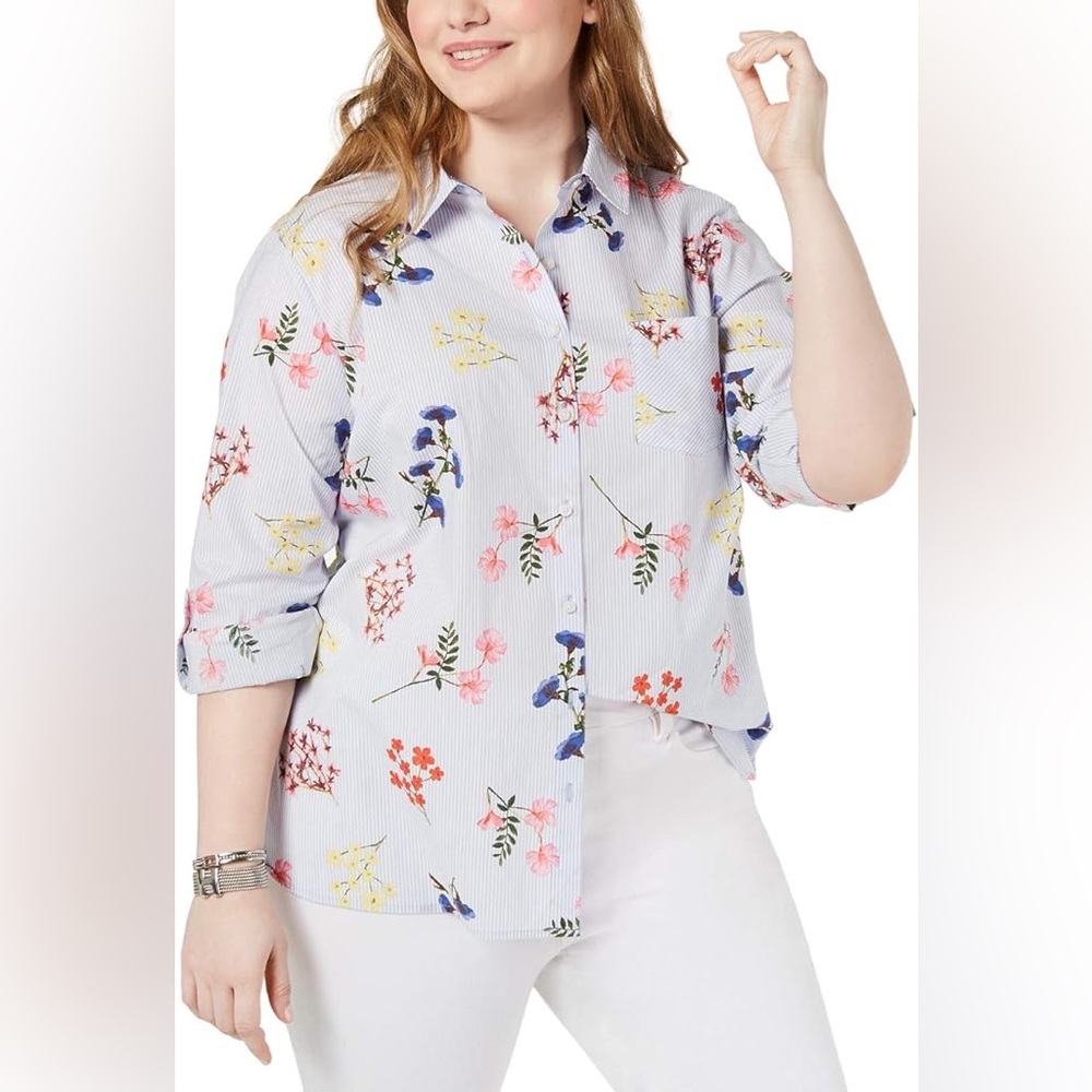 Tommy Hilfiger Floral Stripe Printed Cotton Roll-Tab Button Down Shirt